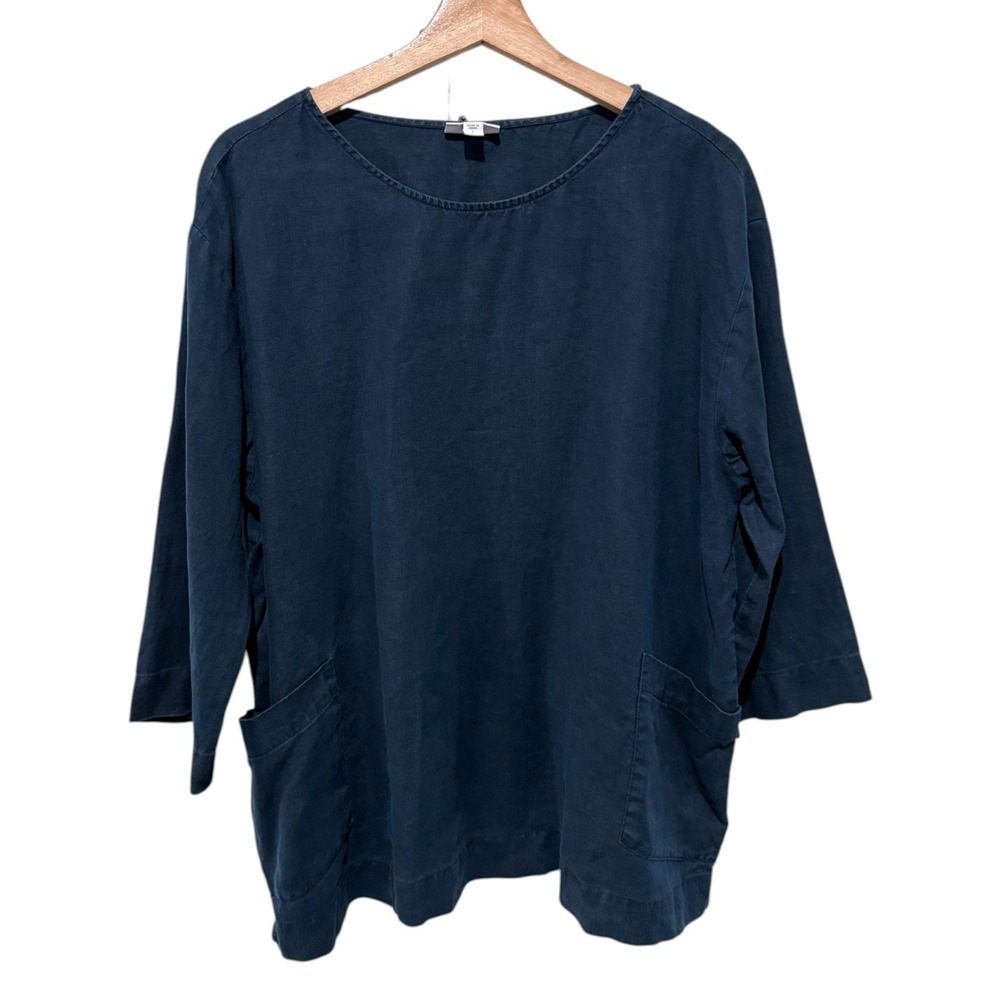 Pure Jill 100% Linen Tunic Top Sz L 3/4 Sleeve Blue Lagenlook Minimalist Popover